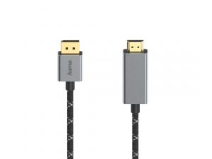 Кабел HAMA, DisplayPort мъжко - HDMI мъжко, Ultra-HD, 4K@60 Hz, 1.5м, Алуминий, Позлатени конектори, Черен