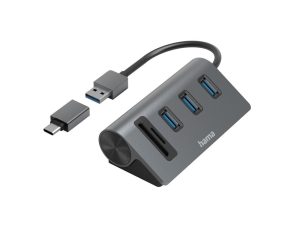 HAMA USB хъб/четец на карти, 5 портов, 3x USB-A, SD, microSD, вкл. USB-C адаптер