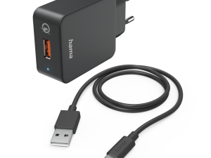 Мрежово зарядно HAMA, 220V, USB-C, Qualcomm, Quick Charge, 19.5W, Вкл. кабел, Черен